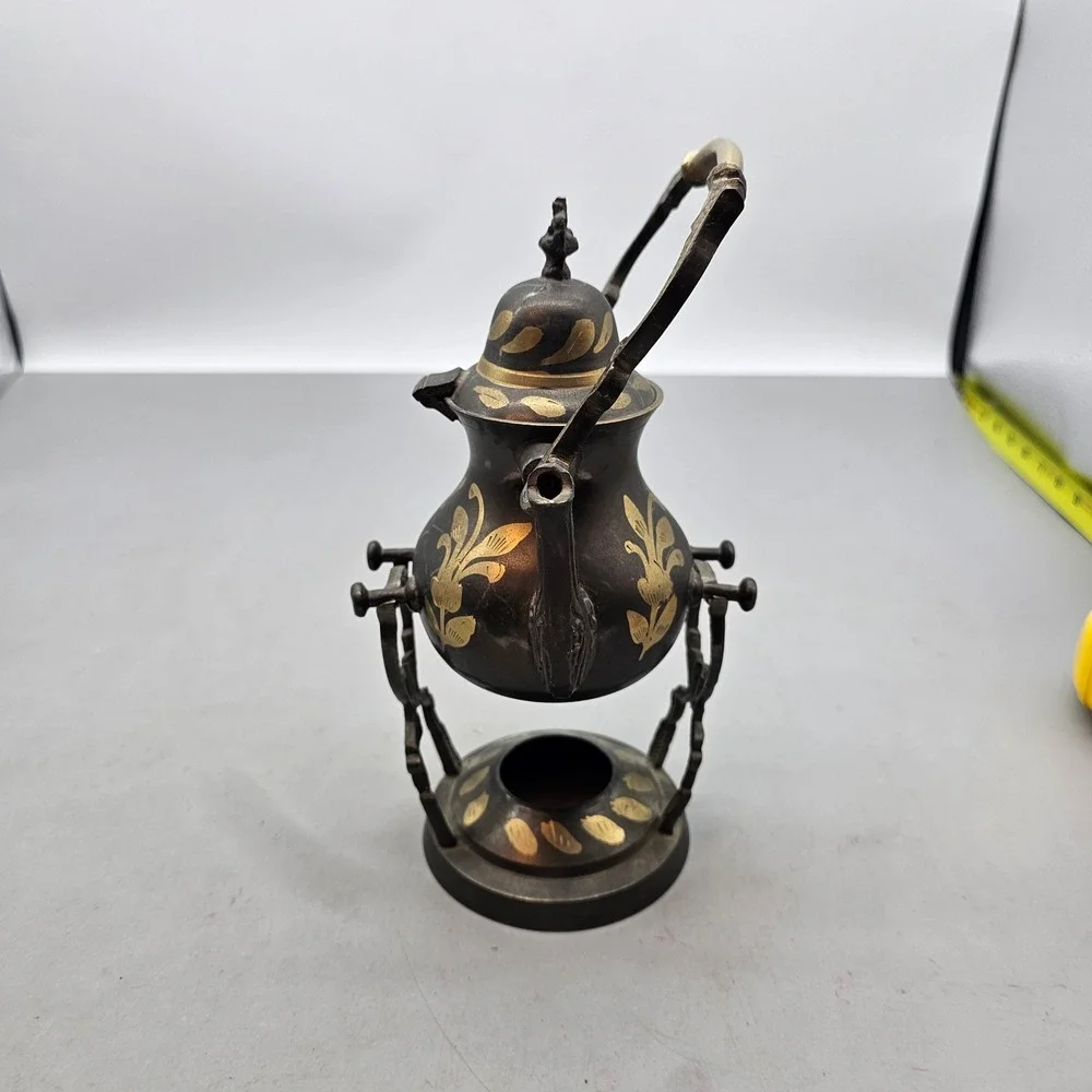 Vintage Brass Teapot with Warming Stand Black and Gold Etched Floral Decorative